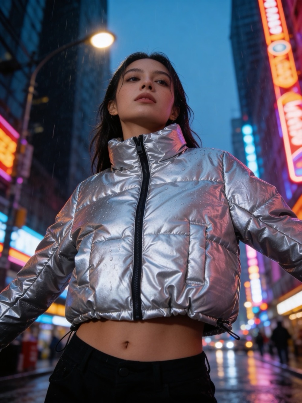 Divided Silver Metallic Cropped Puffer Jacket